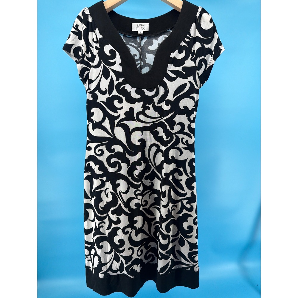 Sweet Storm Black White Scroll Print Scoop Neck Cap Sleeve Sheath Dress Large